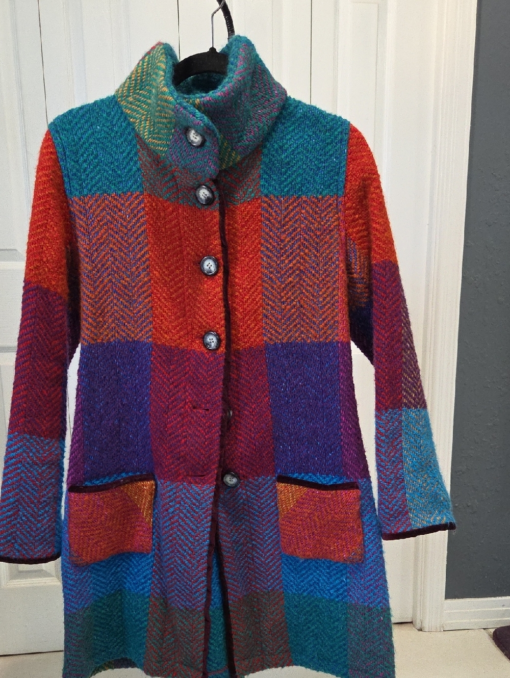 Sz S- Colorblock Patchwork Wool Blend Sweater Coat - Multicolor